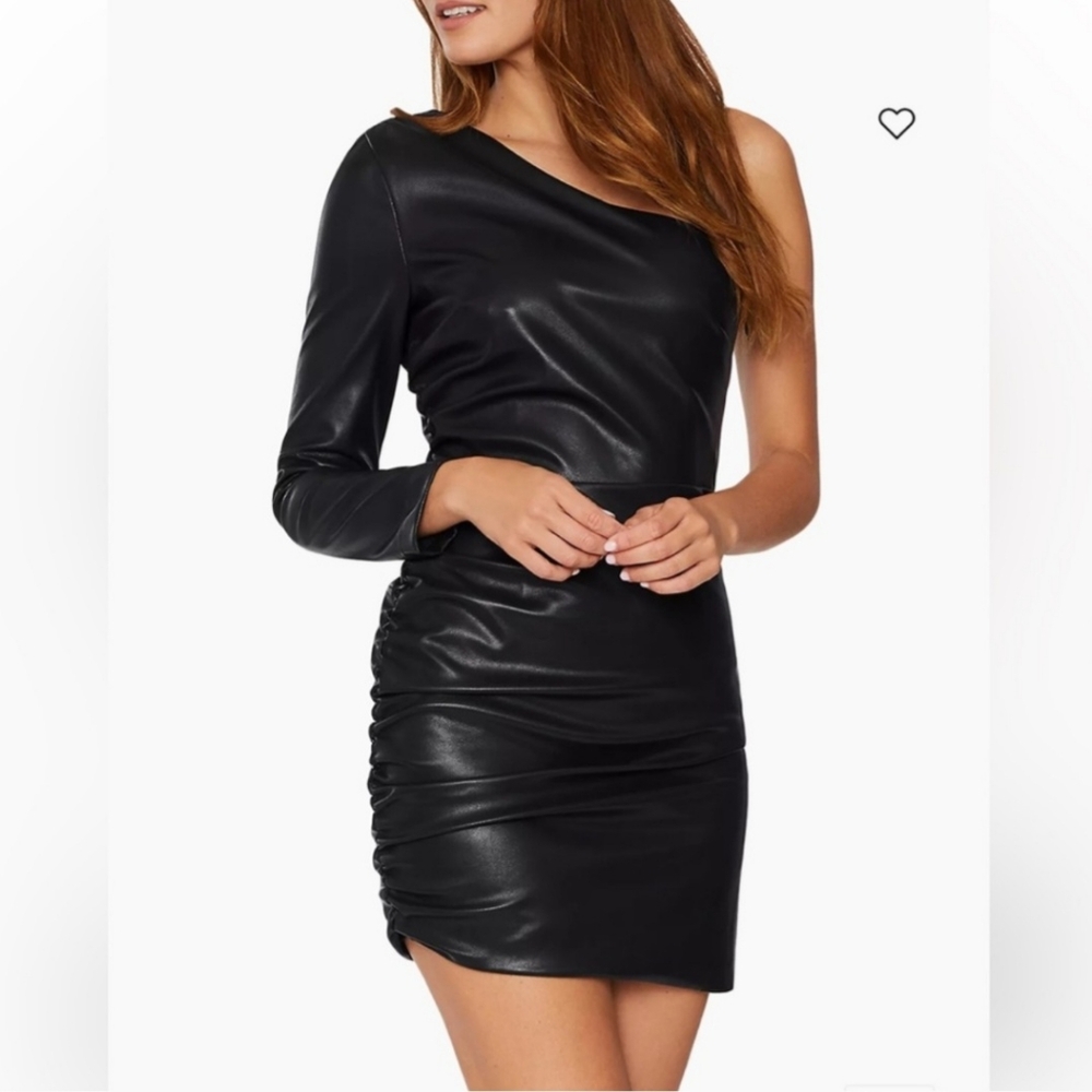 Likely Womens Black Mini Dress Serena vegan leather one shoulder Sz 10 Bodycon